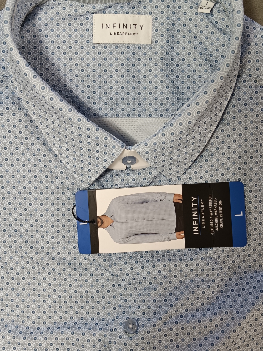 NWT Men's Dress Shirt Circular Geo Print, Size- L, Infinity Linearflex
